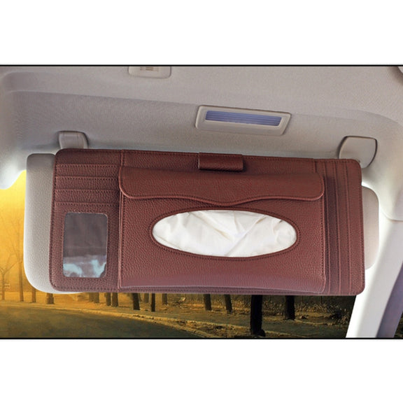 DERANFU 3 In 1 Lichee Texture Multi-function Car Hang Type Leather Towel Box with Card Slot & CD Slot(Dark Brown)