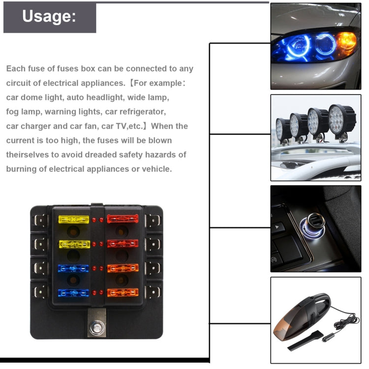 1 in 8 Out Fuse Box PC Terminal Block Fuse Holder Kits with LED Warning Indicator for Auto Car Truck Boat