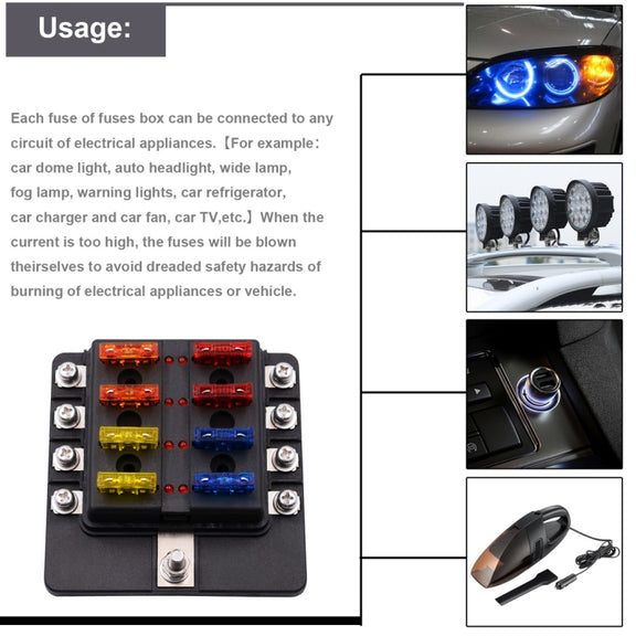1 in 8 Out Fuse Box Screw Terminal Section Fuse Holder Kits with LED Warning Indicator for Auto Car Truck Boat