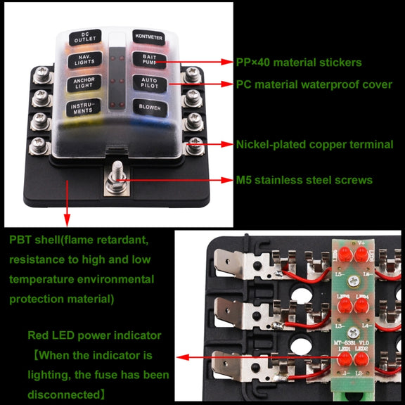 1 in 8 Out Fuse Box Screw Terminal Section Fuse Holder Kits with LED Warning Indicator for Auto Car Truck Boat