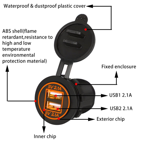 Universal Car Charger 2 Port Power Socket Power Dual USB Charger 5V 4.2A IP66 with Aperture(Orange Light)