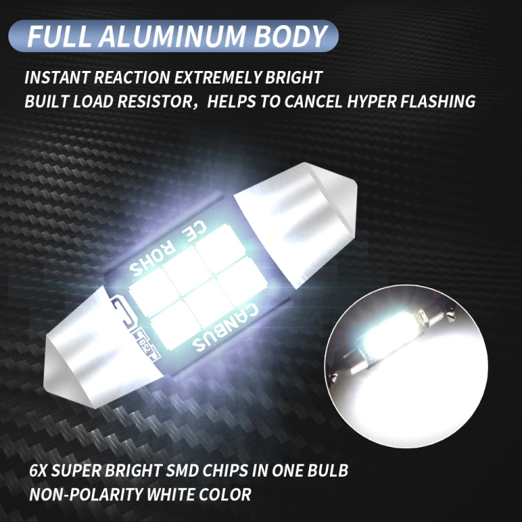 2 PCS 31mm DC12V-24V 3W 6000K 660LM 6LEDs SMD-3030 Car Reading Lamp / License Plate Light
