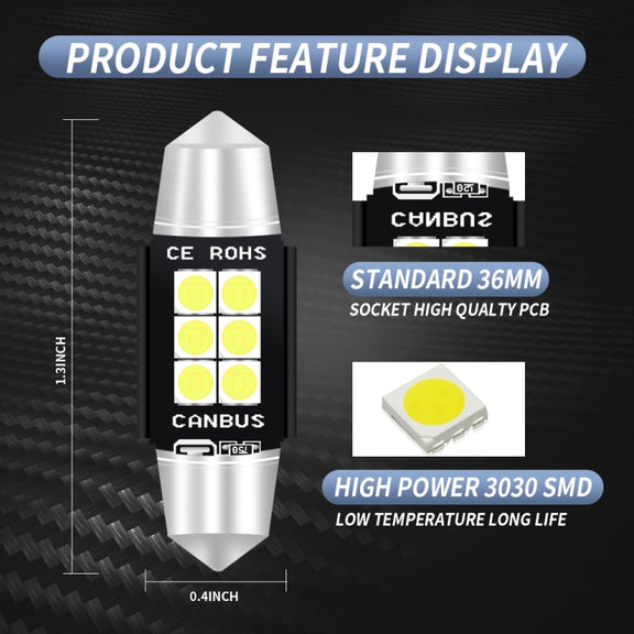 2 PCS 36mm DC12V-24V 3W 6000K 660LM 6LEDs SMD-3030 Car Reading Lamp / License Plate Light