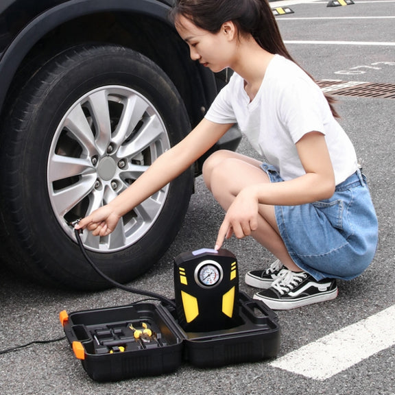 Car 12V Portable Inflatable Cylinder Pedal Pointer Air Pump with Light & Tool Box