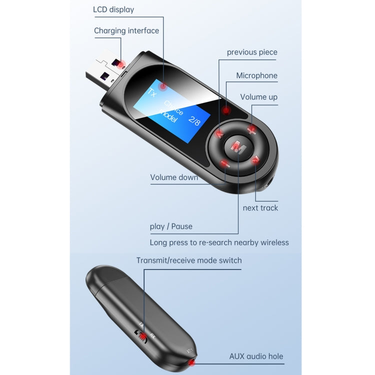 T-13 Bluetooth 5.0 LCD Digital Display Bluetooth Adapter Receiver Transmitter(Black)