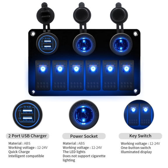 Multi-functional Combination Switch Panel 12V / 24V 6 Way Switches + Dual USB Charger for Car RV Marine Boat (Blue Light)