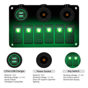 Multi-functional Combination Switch Panel 12V / 24V 6 Way Switches + Dual USB Charger for Car RV Marine Boat (Green Light)