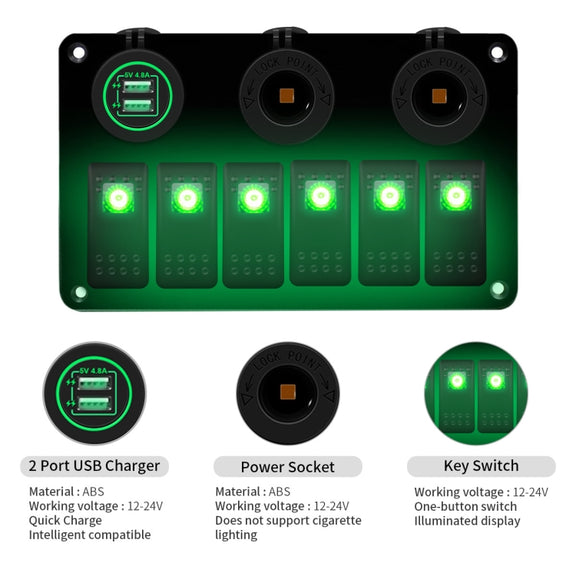 Multi-functional Combination Switch Panel 12V / 24V 6 Way Switches + Dual USB Charger for Car RV Marine Boat (Green Light)