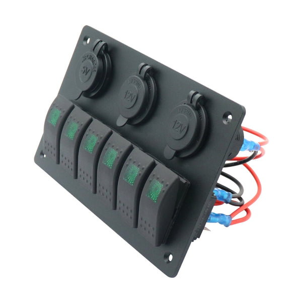 Multi-functional Combination Switch Panel 12V / 24V 6 Way Switches + Dual USB Charger for Car RV Marine Boat (Red Light)