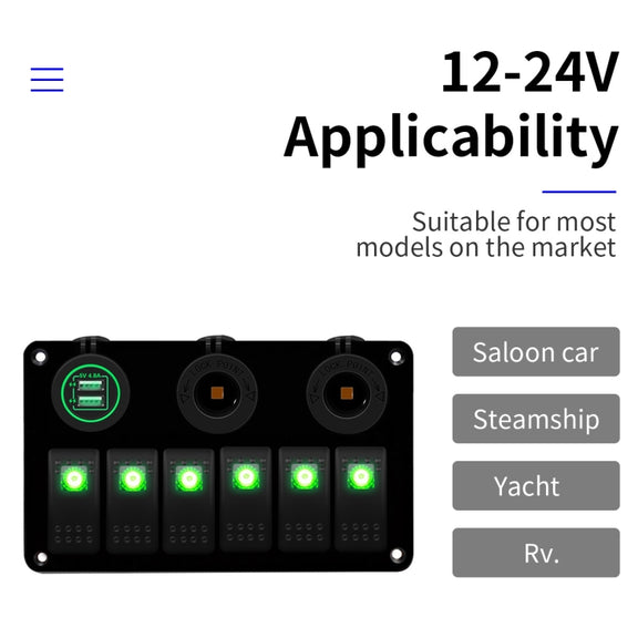 Multi-functional Combination Switch Panel 12V / 24V 6 Way Switches + Dual USB Charger for Car RV Marine Boat (Red Light)