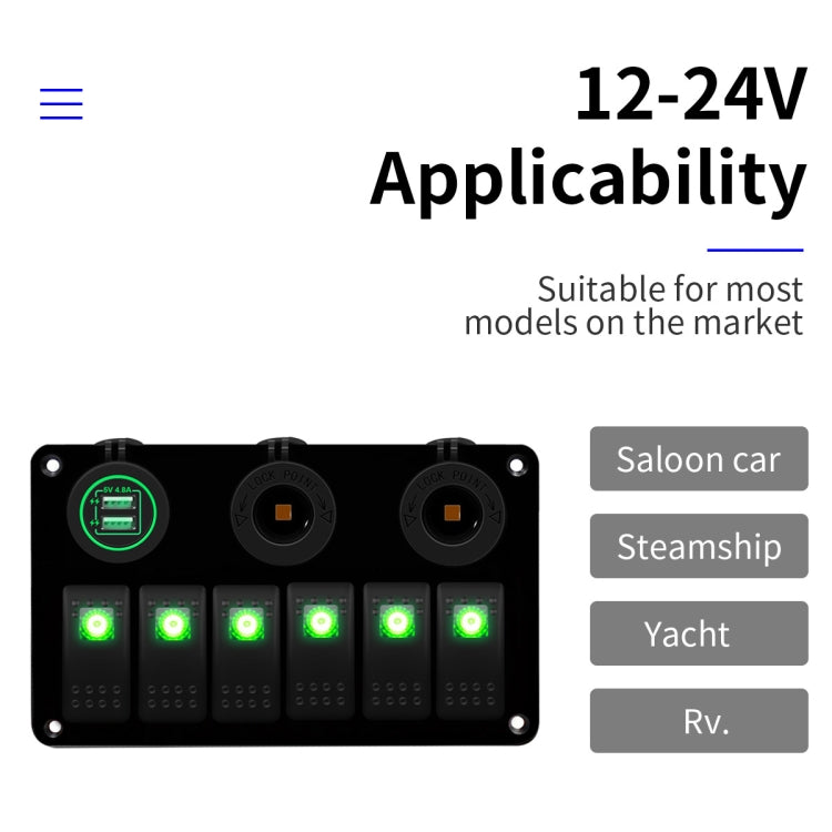 Multi-functional Combination Switch Panel 12V / 24V 6 Way Switches + Dual USB Charger for Car RV Marine Boat (Red Light)