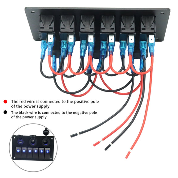 Multi-functional Combination Switch Panel 12V / 24V 6 Way Switches + Dual USB Charger for Car RV Marine Boat (Red Light)