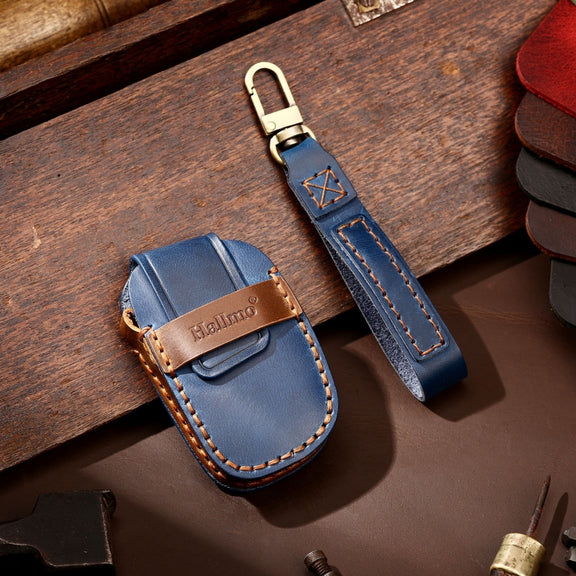 Hallmo Car Cowhide Leather Key Protective Cover Key Case for Hyundai IX35 B Style(Blue)