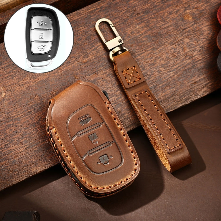Hallmo Car Cowhide Leather Key Protective Cover Key Case for Hyundai IX35 B Style(Brown)