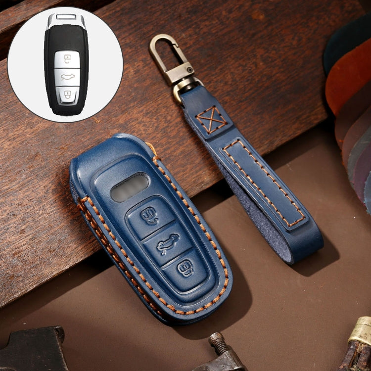 Hallmo Car Cowhide Leather Key Protective Cover Key Case for Audi A6L / A8L / A4 / A7 / A5 C Style(Blue)