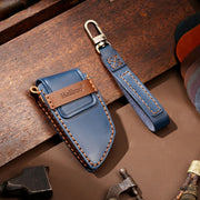 Hallmo Car Cowhide Leather Key Protective Cover Key Case for BMW Blade Style(Blue)