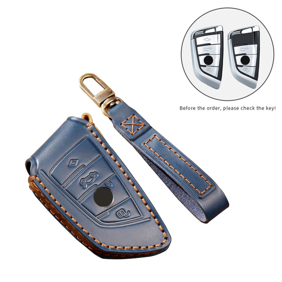Hallmo Car Cowhide Leather Key Protective Cover Key Case for BMW Blade Style(Blue)