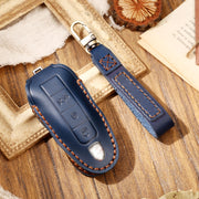 Hallmo Car Cowhide Leather Key Protective Cover Key Case for Porsche Macan 718 2021 A Style(Blue)