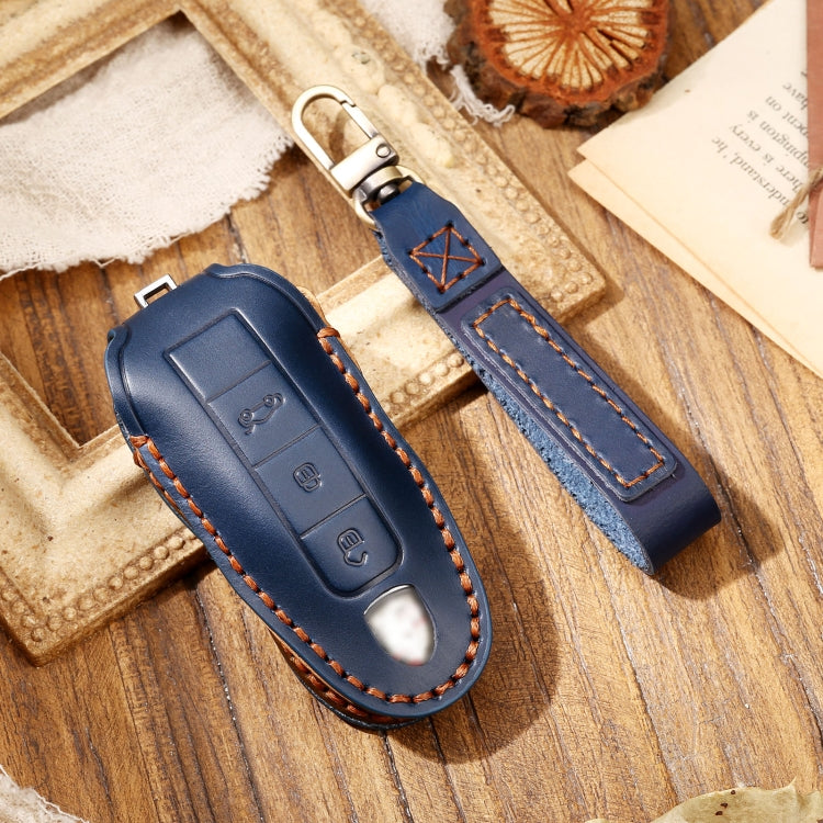Hallmo Car Cowhide Leather Key Protective Cover Key Case for Porsche Macan 718 2021 A Style(Blue)