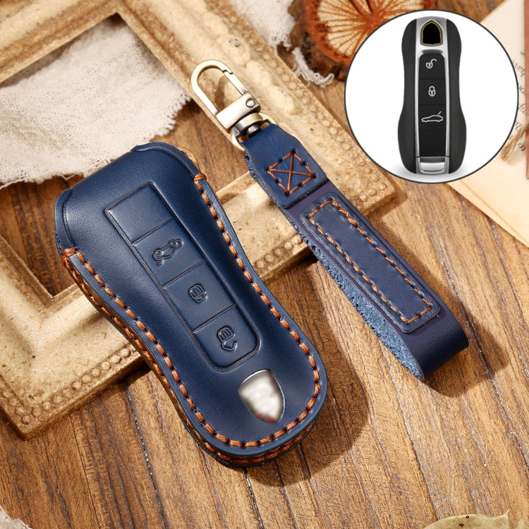 Hallmo Car Cowhide Leather Key Protective Cover Key Case for Porsche Macan 718 2021 B Style(Blue)