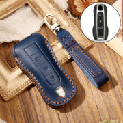 Hallmo Car Cowhide Leather Key Protective Cover Key Case for Porsche Macan 718 2021 B Style(Blue)