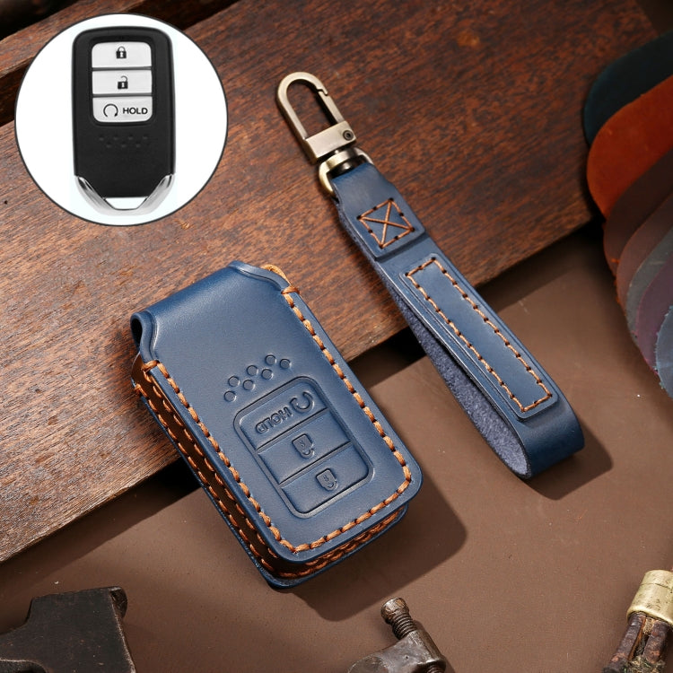 Hallmo Car Cowhide Leather Key Protective Cover Key Case for Honda Civic / Accord 3-button Start(Blue)