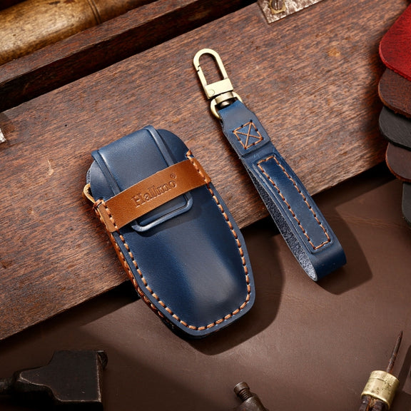 Hallmo Car Cowhide Leather Key Protective Cover Key Case for BYD(Blue)