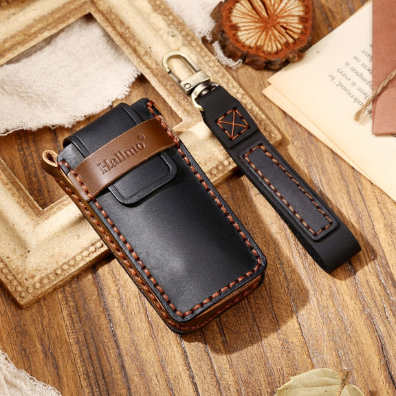 Hallmo Car Cowhide Leather Key Protective Cover Key Case for Trumpchi GS4 2021 B Style(Black)