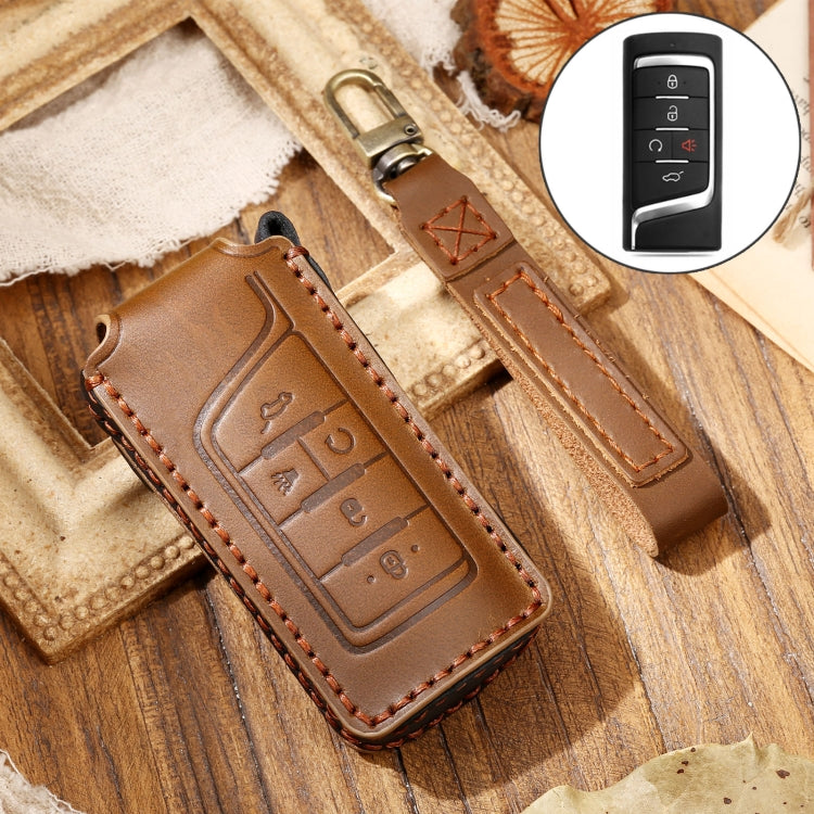 Hallmo Car Cowhide Leather Key Protective Cover Key Case for Trumpchi GS4 2021 B Style(Brown)