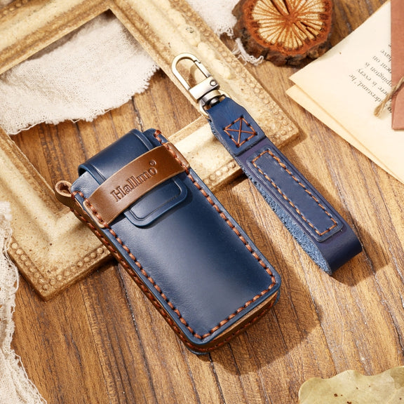 Hallmo Car Cowhide Leather Key Protective Cover Key Case for Trumpchi GS4 2021 C Style(Blue)
