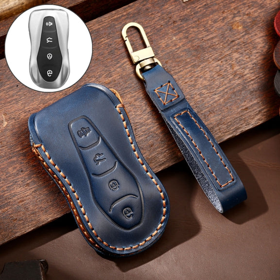 Hallmo Car Cowhide Leather Key Protective Cover Key Case for Geely Emgrand A Style(Blue)
