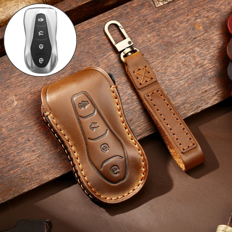 Hallmo Car Cowhide Leather Key Protective Cover Key Case for Geely Emgrand A Style(Brown)