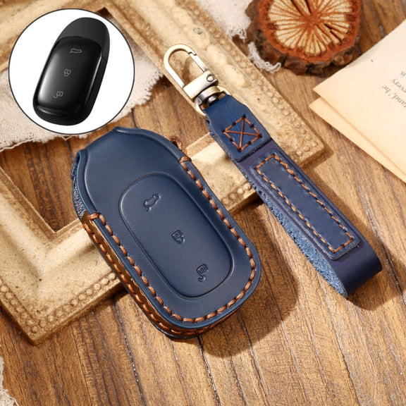 Hallmo Car Cowhide Leather Key Protective Cover Key Case for LEADING IDEAL One(Blue)