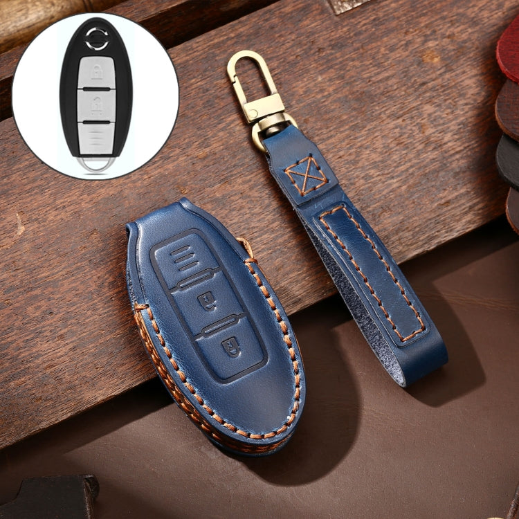 Hallmo Car Cowhide Leather Key Protective Cover Key Case for Nissan Sylphy 2-button(Blue)
