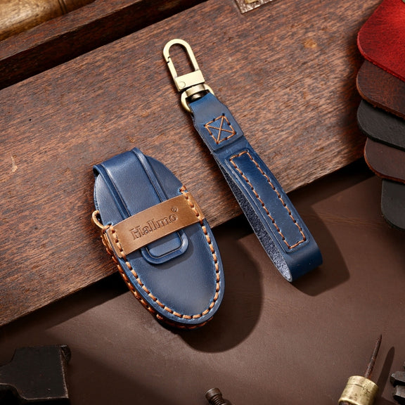 Hallmo Car Cowhide Leather Key Protective Cover Key Case for Nissan Sylphy 2-button(Blue)