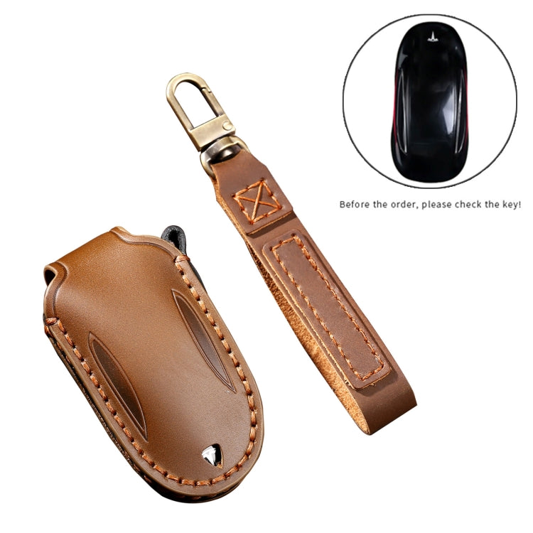Hallmo Car Cowhide Leather Key Protective Cover Key Case for Tesla Model 3 / S A Style(Blue)