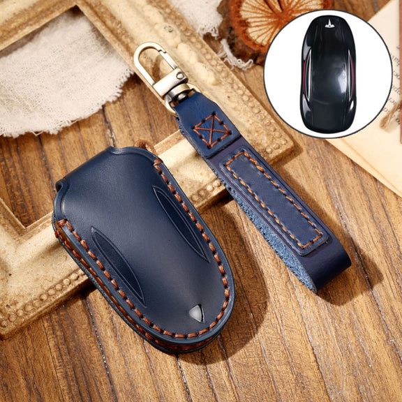 Hallmo Car Cowhide Leather Key Protective Cover Key Case for Tesla Model X B Style(Blue)