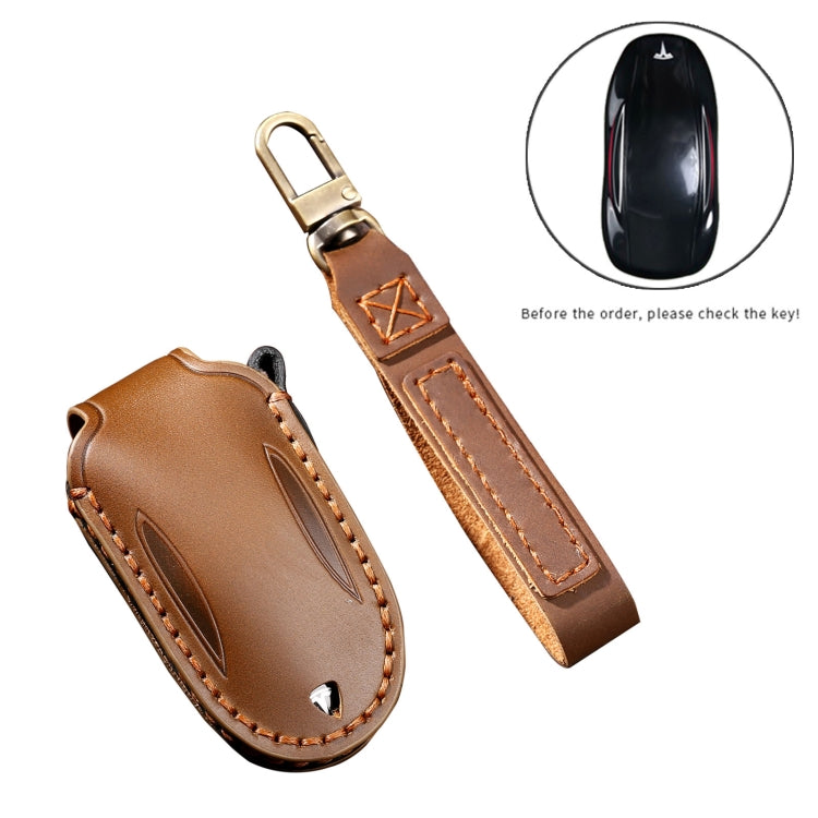 Hallmo Car Cowhide Leather Key Protective Cover Key Case for Tesla Model X B Style(Brown)