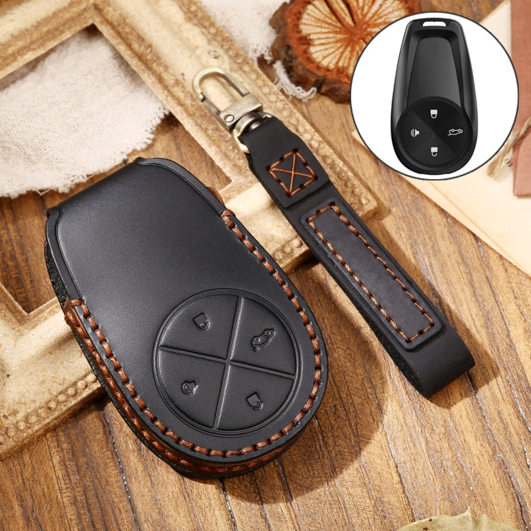 Hallmo Car Cowhide Leather Key Protective Cover Key Case for NIO ES6 / ES8(Black)