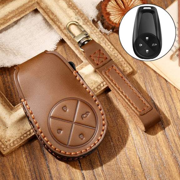 Hallmo Car Cowhide Leather Key Protective Cover Key Case for NIO ES6 / ES8(Brown)