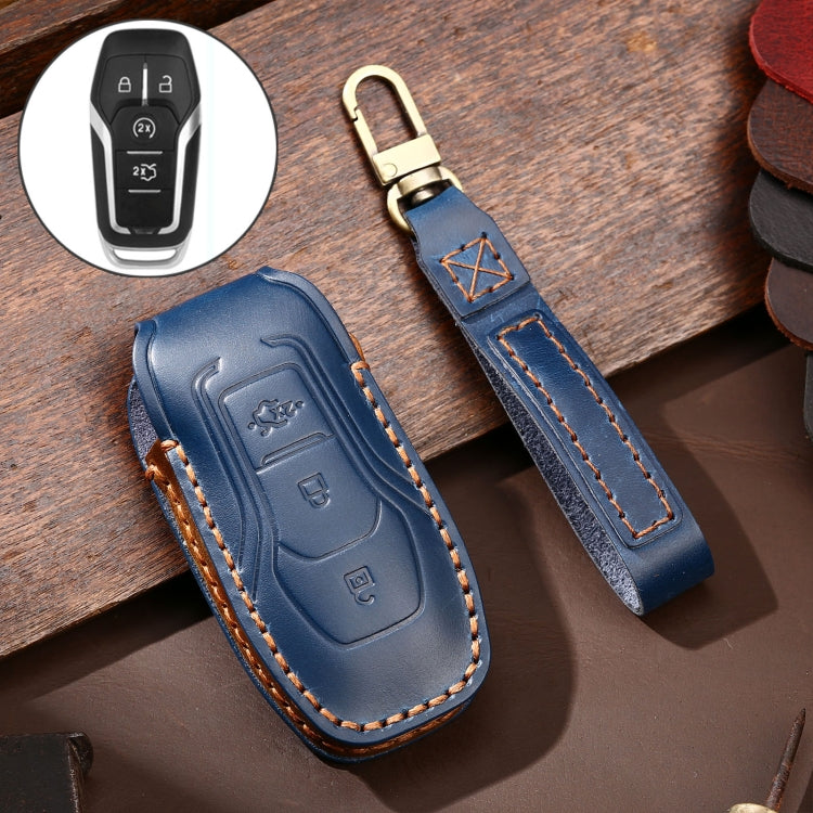Hallmo Car Cowhide Leather Key Protective Cover Key Case for Ford Focus  A Style(Blue)
