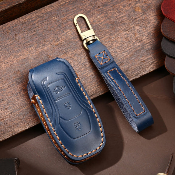 Hallmo Car Cowhide Leather Key Protective Cover Key Case for Ford Focus  A Style(Blue)