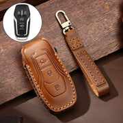 Hallmo Car Cowhide Leather Key Protective Cover Key Case for Ford Focus  A Style(Brown)