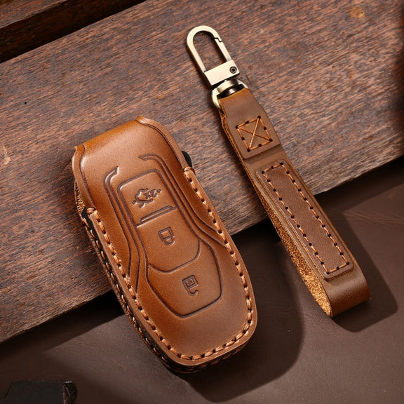 Hallmo Car Cowhide Leather Key Protective Cover Key Case for Ford Focus  A Style(Brown)