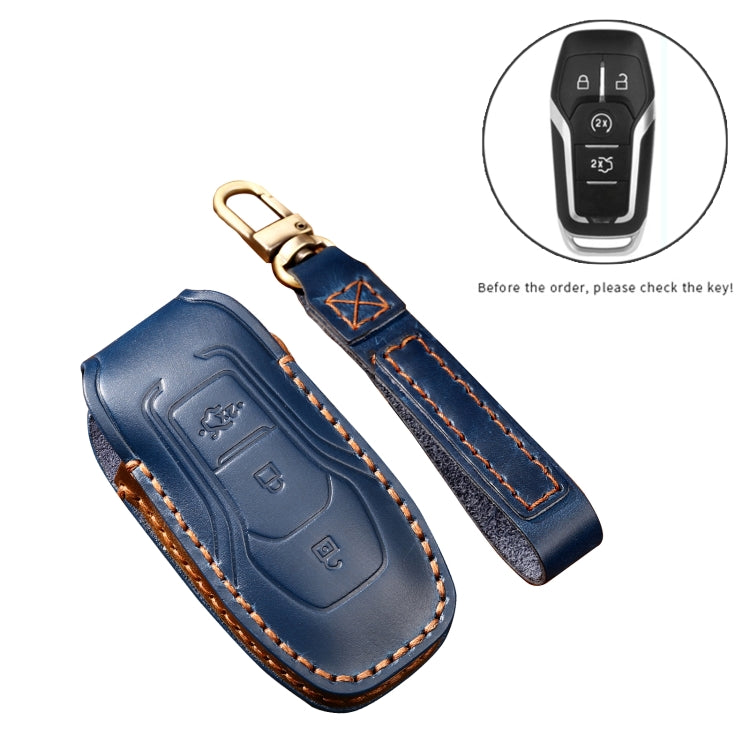 Hallmo Car Cowhide Leather Key Protective Cover Key Case for Ford Focus  A Style(Blue)