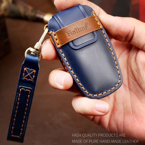 Hallmo Car Cowhide Leather Key Protective Cover Key Case for Ford Focus  A Style(Blue)