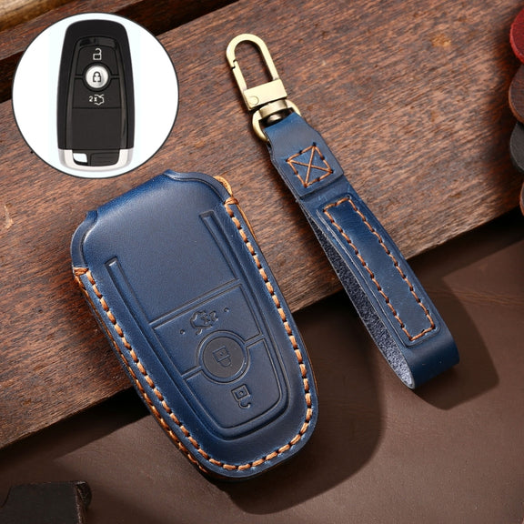 Hallmo Car Cowhide Leather Key Protective Cover Key Case for Ford Focus B Style(Blue)