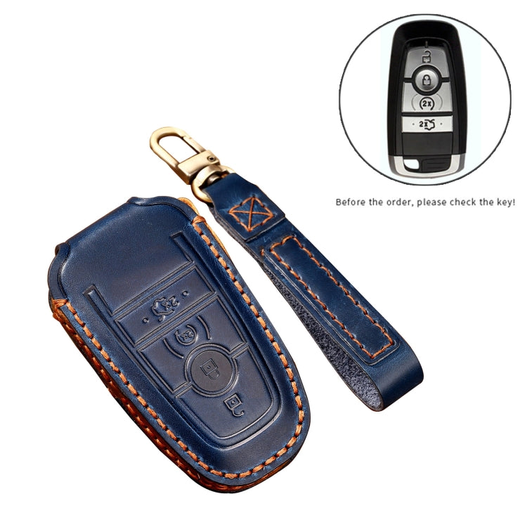 Hallmo Car Cowhide Leather Key Protective Cover Key Case for Ford Focus C Style(Blue)