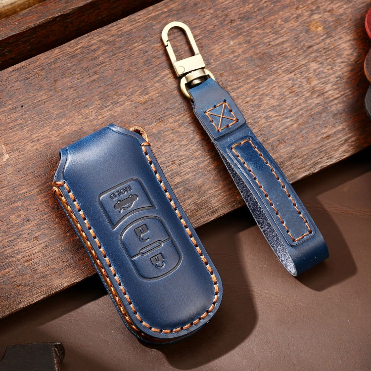 Hallmo Car Cowhide Leather Key Protective Cover Key Case for Mazda Axela 3-button(Blue)