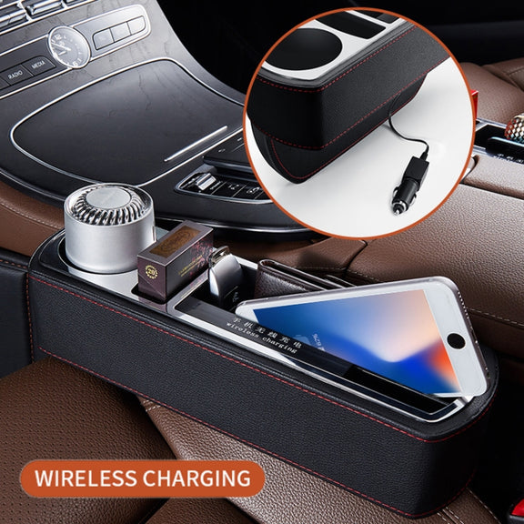 Car Multi-functional Wireless Fast Charge Console PU Leather Box Cup Holder Seat Gap Side Storage Box (Black)